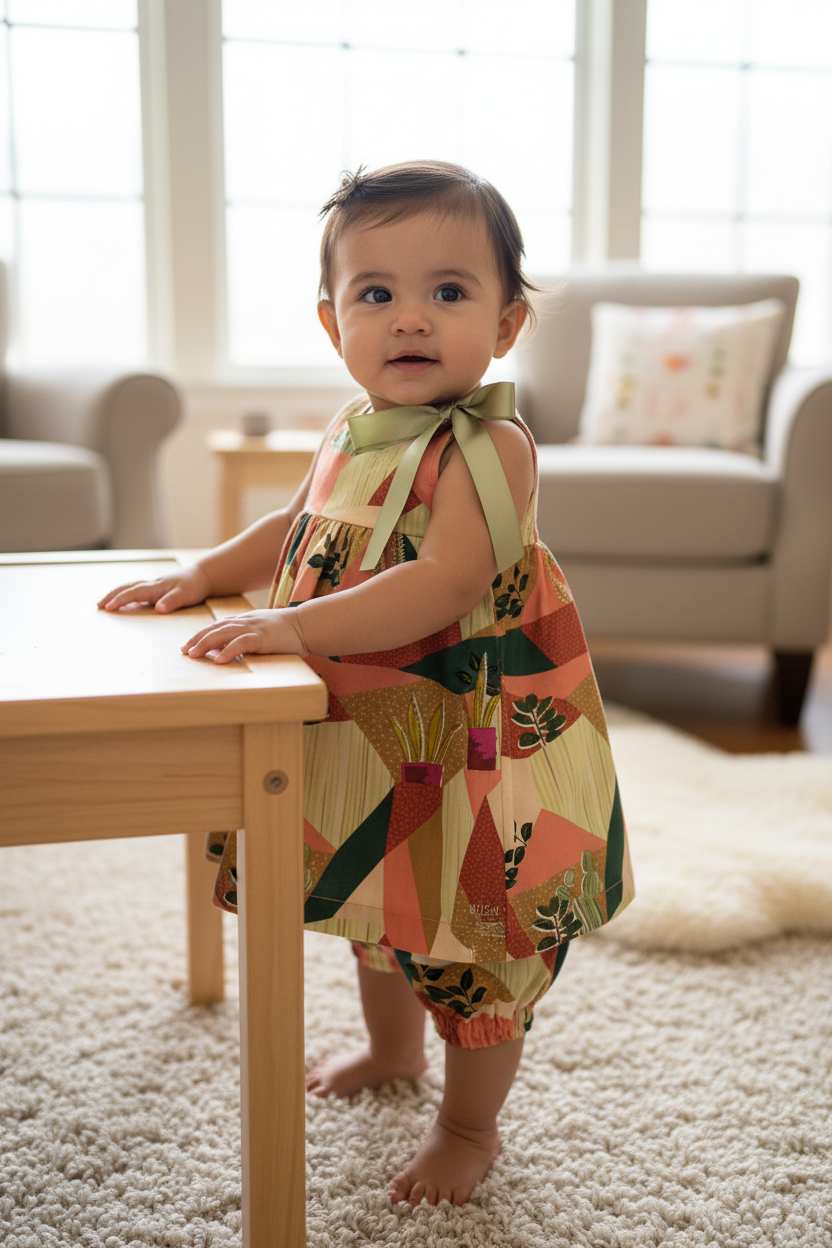Hispanic baby girl 10-16 months in green peach cream leaves A-line dress with bow and matching bloomer - cozy home setting