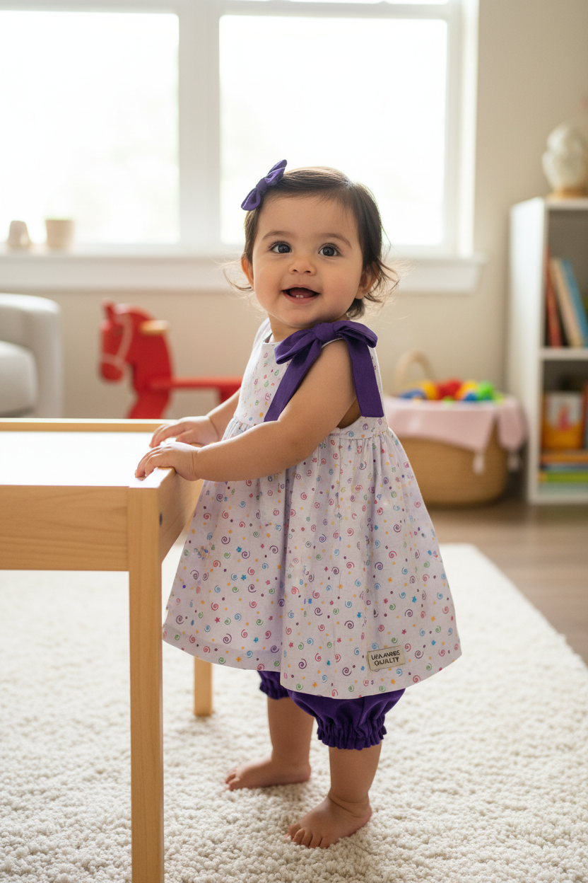 Hispanic baby girl 10-16 months in lilac multicolor swirls A-line dress with purple bow and bloomer - cozy home setting