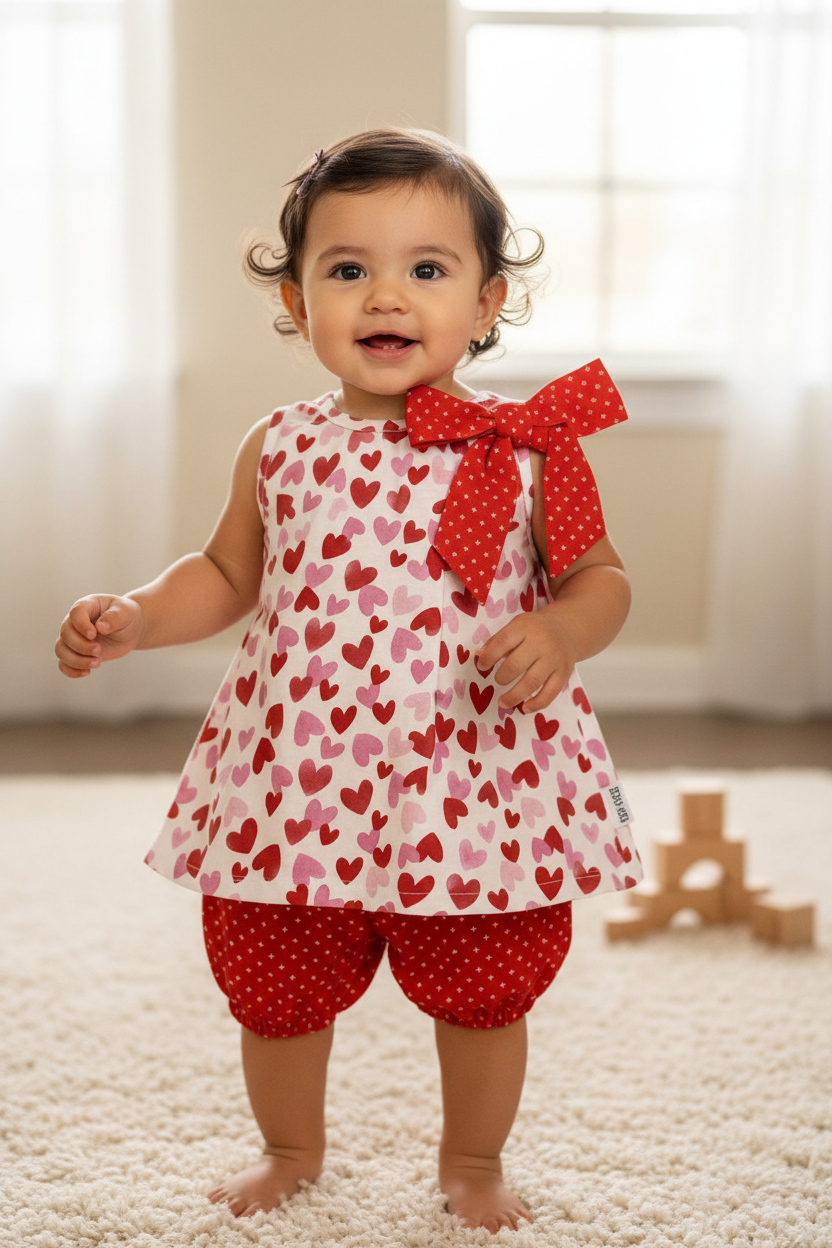 Hispanic baby girl 10-16 months in pink and red hearts A-line dress with red bow and red cross-pattern bloomer - cozy home setting