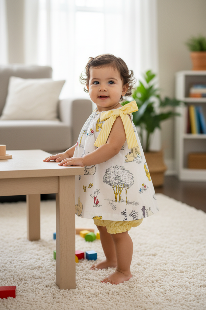 Hispanic baby girl 10-16 months in Winnie the Pooh dress with bow on one shoulder - cozy home setting