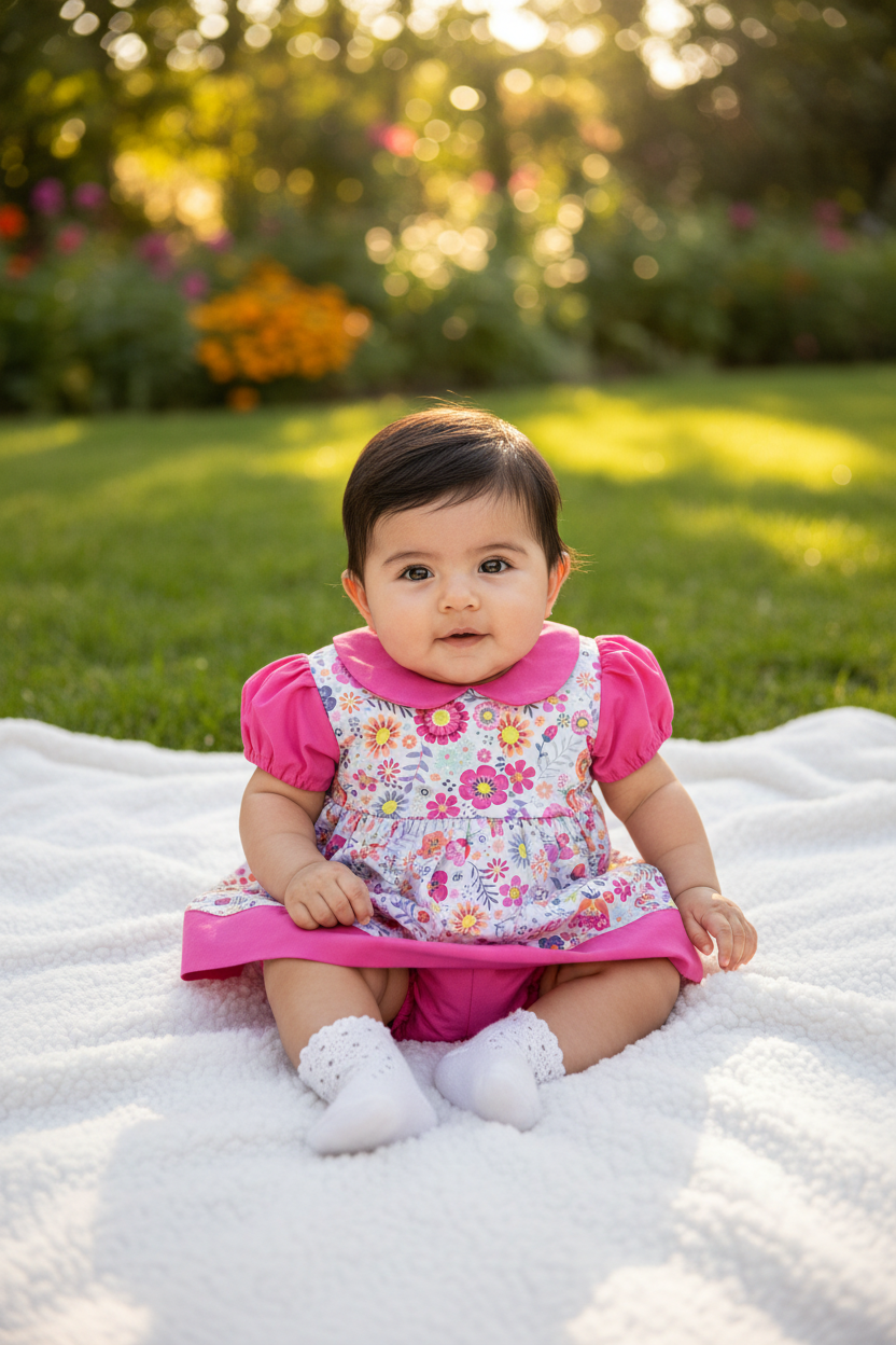 Hispanic baby girl 3-6 months in floral dress with fuchsia collar and sleeves - outdoor setting