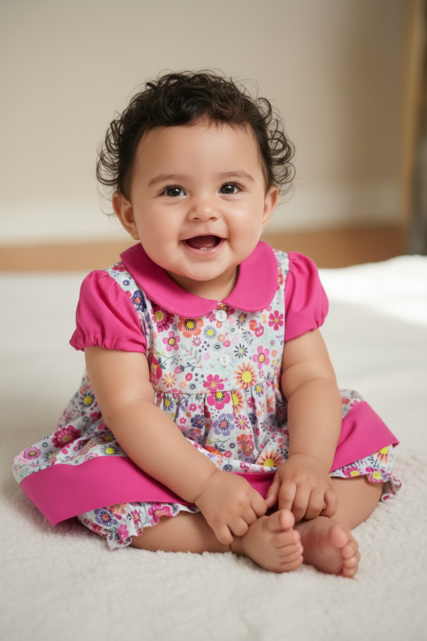 Hispanic baby girl 3-6 months in floral dress with fuchsia collar and sleeves - pose 1