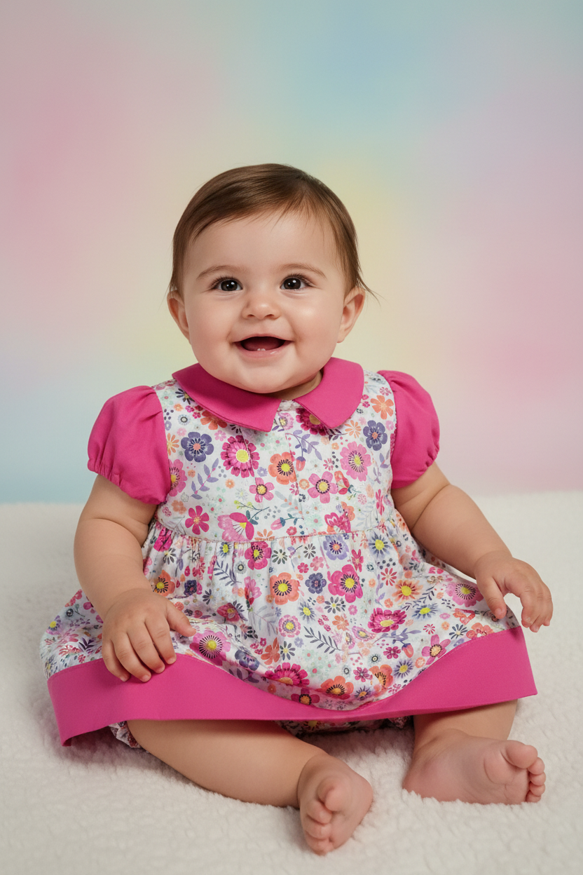 Hispanic baby girl 3-6 months in floral dress with fuchsia collar and sleeves - studio setting
