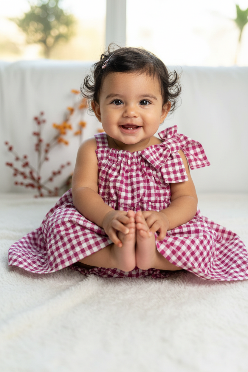 Hispanic baby girl 6-12 months in fuchsia gingham A-line dress with bow and matching bloomer - pose 1