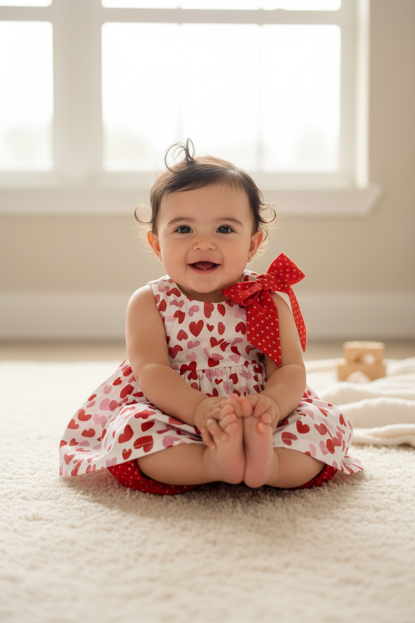 Hispanic baby girl 6-12 months in pink and red hearts A-line dress with red bow and red cross-pattern bloomer - pose 1