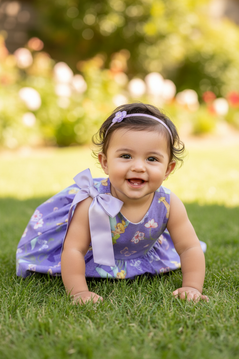 Hispanic baby girl 6-12 months in Tinkerbell lilac one-piece dress with bow - outdoor setting