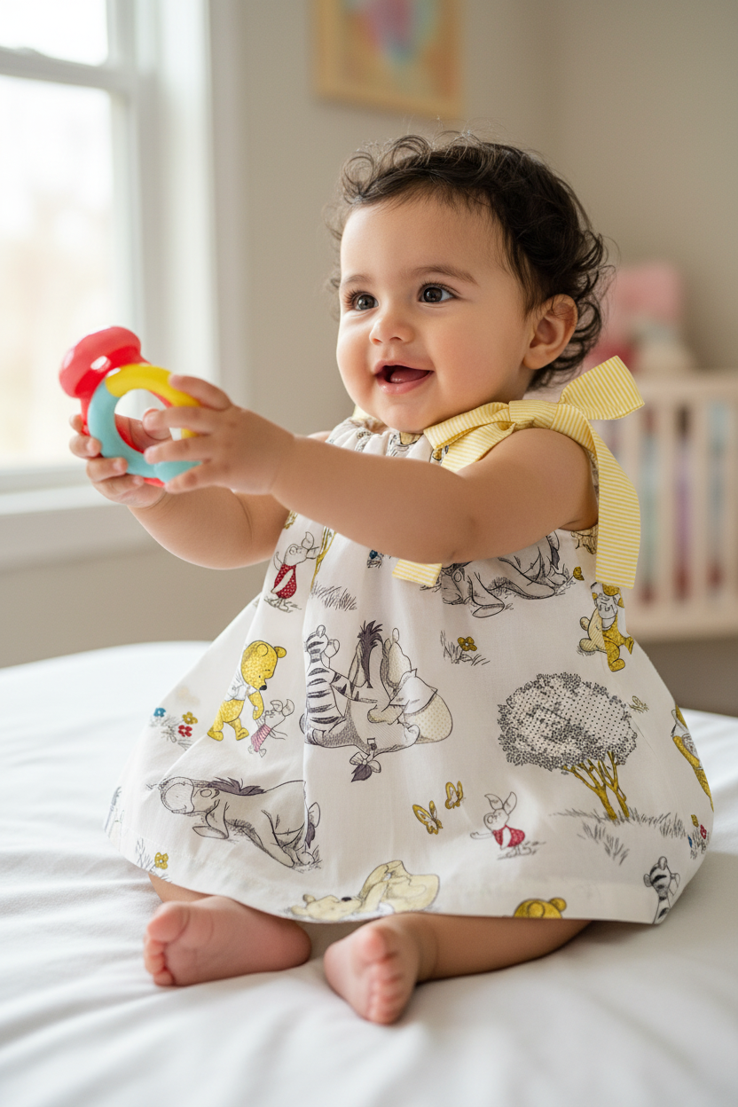 Hispanic baby girl 6-12 months in Winnie the Pooh dress with bow on one shoulder - pose 1