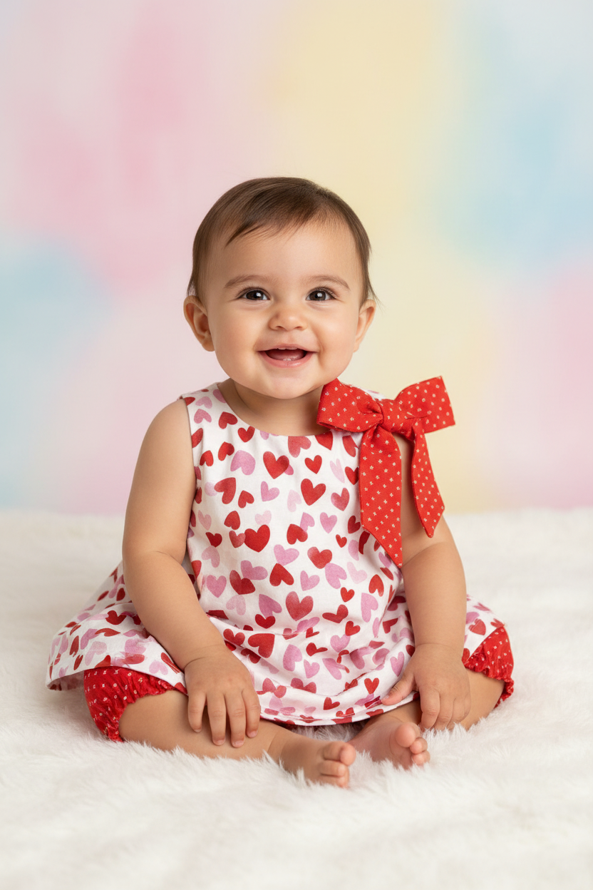 Hispanic baby girl 9-15 months in pink and red hearts A-line dress with red bow and red cross-pattern bloomer - studio setting
