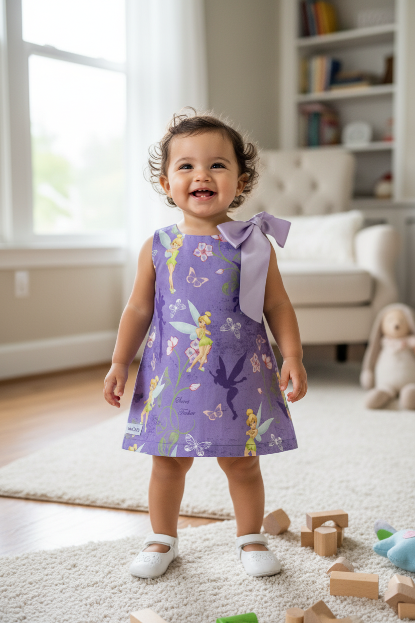 Hispanic baby girl 9-15 months in Tinkerbell lilac one-piece dress with bow - cozy home setting