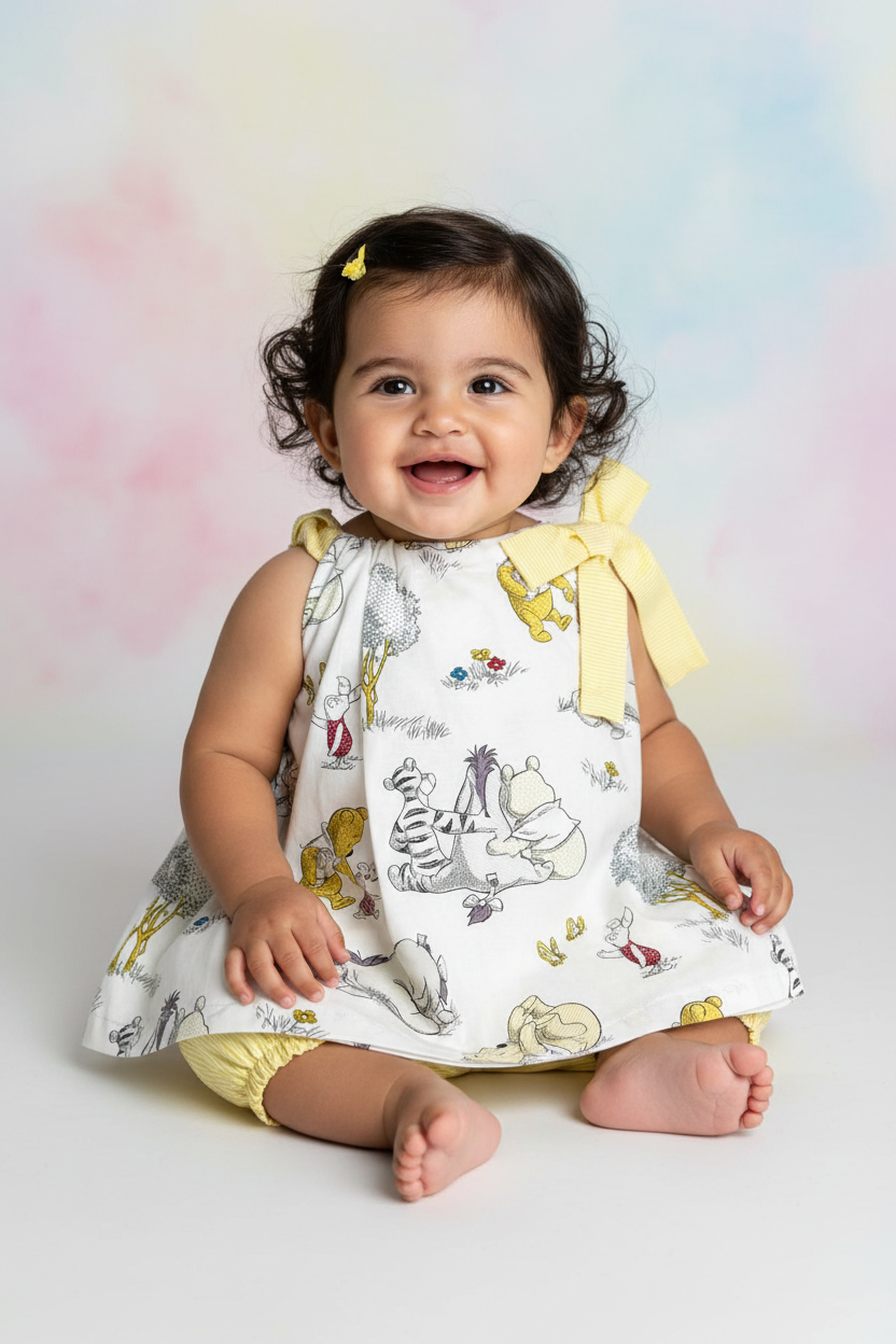 Hispanic baby girl 9-15 months in Winnie the Pooh dress with bow on one shoulder - studio setting