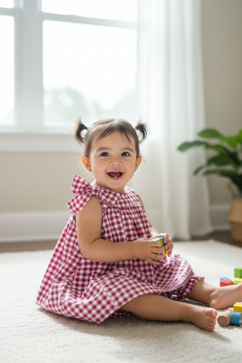 Hispanic toddler girl 12-18 months in fuchsia gingham A-line dress with bow and matching bloomer - indoor natural light