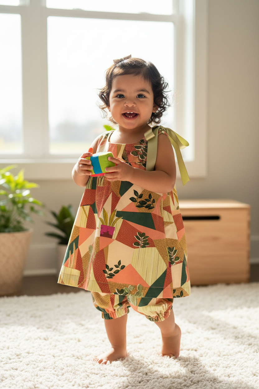 Hispanic toddler girl 12-18 months in green peach cream leaves A-line dress with bow and matching bloomer - indoor natural light
