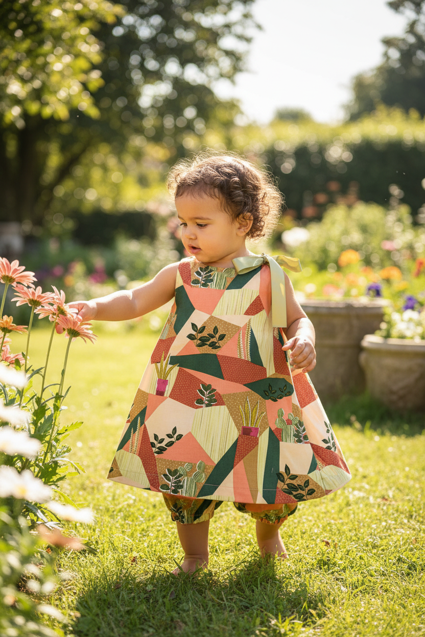 Hispanic toddler girl 12-18 months in green peach cream leaves A-line dress with bow and matching bloomer - outdoor setting