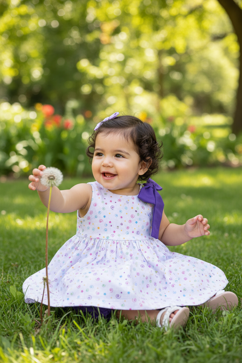 Hispanic toddler girl 12-18 months in lilac multicolor swirls A-line dress with purple bow and bloomer - outdoor setting