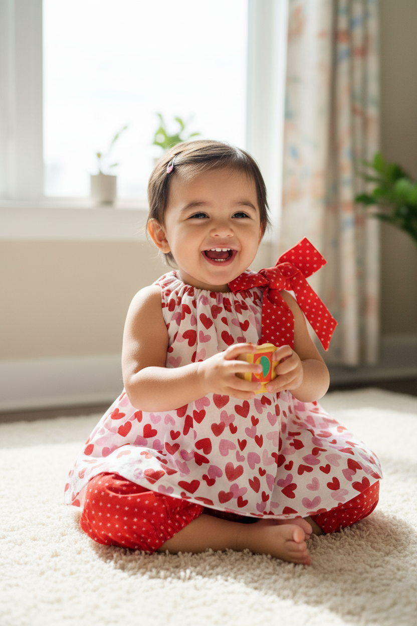 Hispanic toddler girl 12-18 months in pink and red hearts A-line dress with red bow and red cross-pattern bloomer - indoor natural light