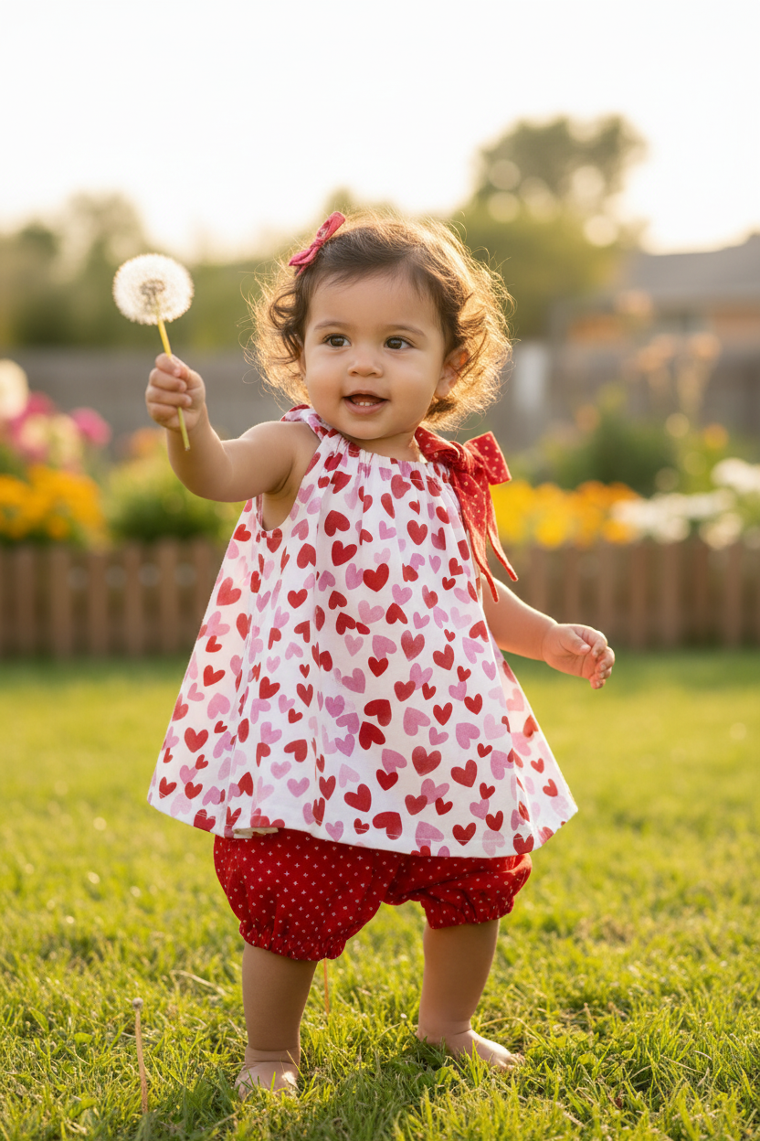 Hispanic toddler girl 12-18 months in pink and red hearts A-line dress with red bow and red cross-pattern bloomer - outdoor setting