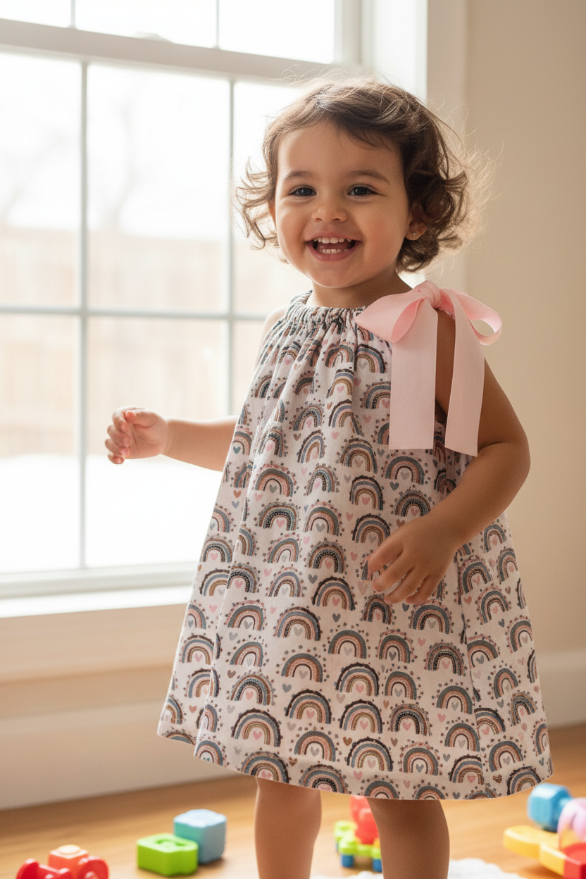 Hispanic toddler girl 18-24 months in pastel rainbow A-line dress with pink bow - indoor natural light