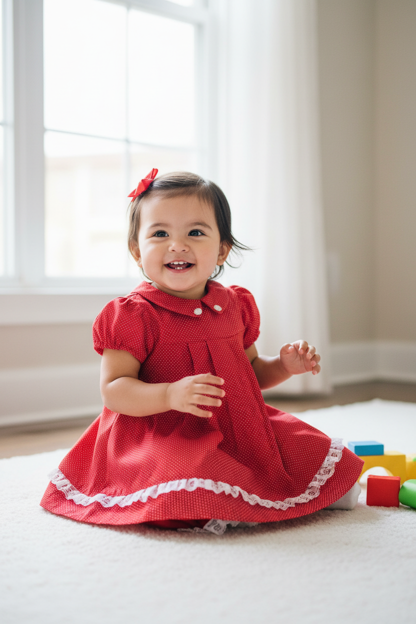 Hispanic toddler girl 18-24 months in red polka dot A-line dress with bloomers - indoor natural light