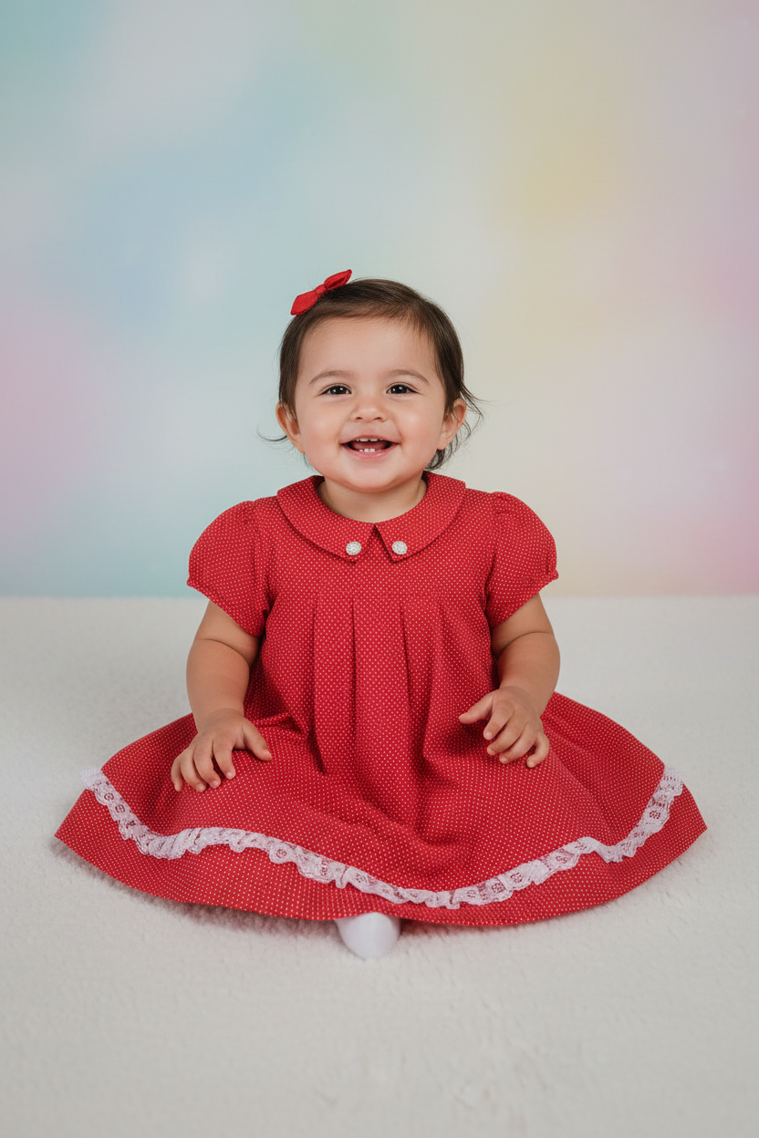 Hispanic toddler girl 18-24 months in red polka dot A-line dress with bloomers - studio setting