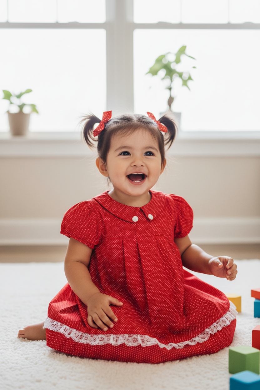 Hispanic toddler girl 18-24 months in red polka dot dress with lace on hem only - indoor natural light