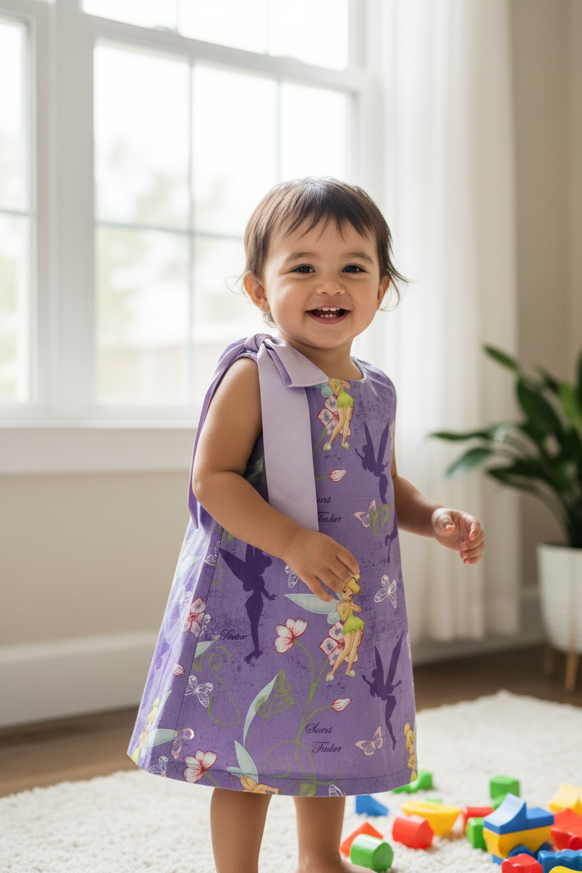 Hispanic toddler girl 18-24 months in Tinkerbell lilac one-piece dress with bow - indoor natural light