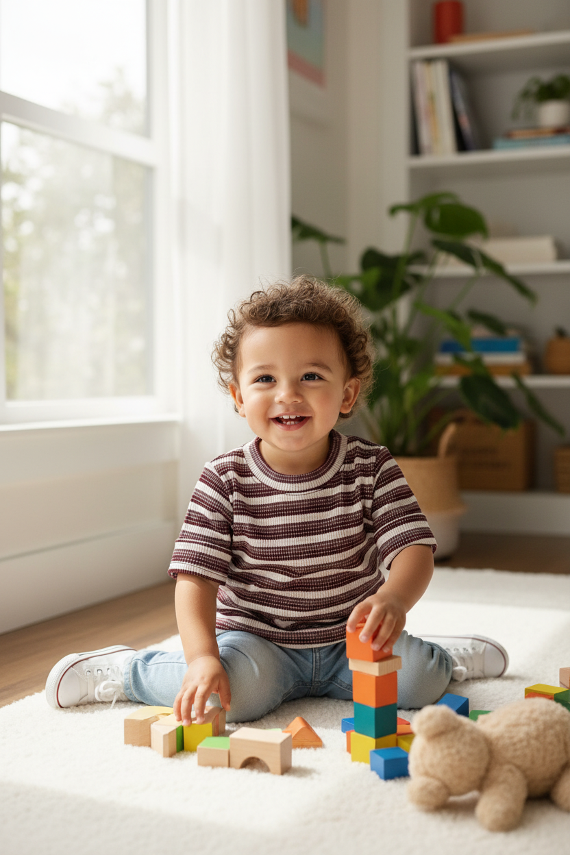 Hispanic toddler in short-sleeved sweatshirt - indoor natural light