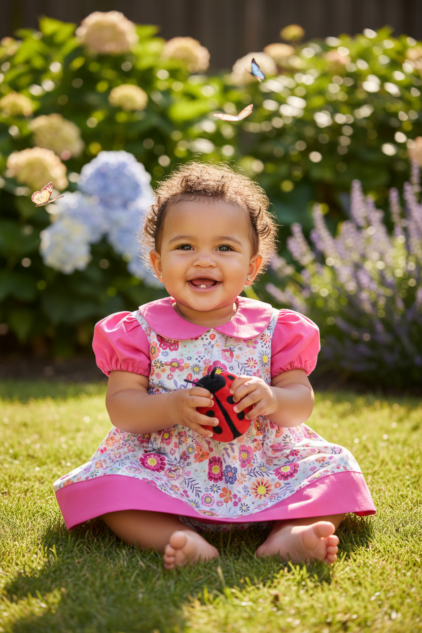 Mixed race baby girl 3-6 months in floral dress with fuchsia collar and sleeves - outdoor setting