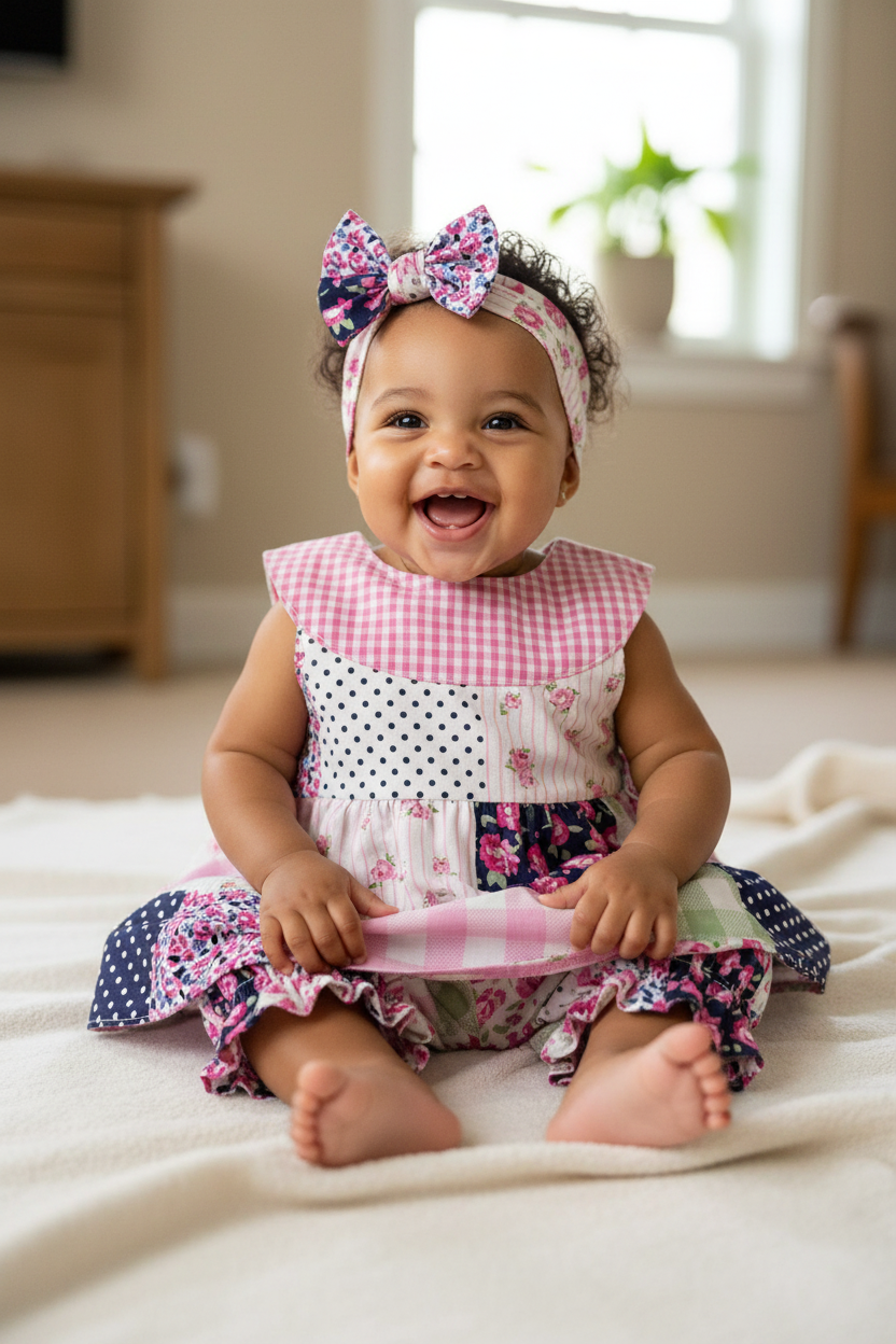 Mixed race baby girl in colorful patchwork dress set - pose 1
