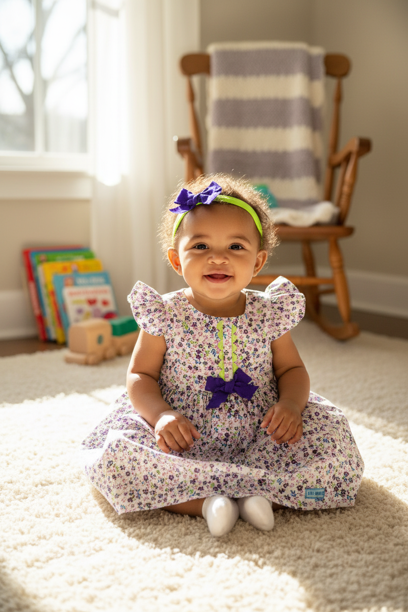 Mixed race baby girl in purple and pink dress with blue bow headband - cozy home setting