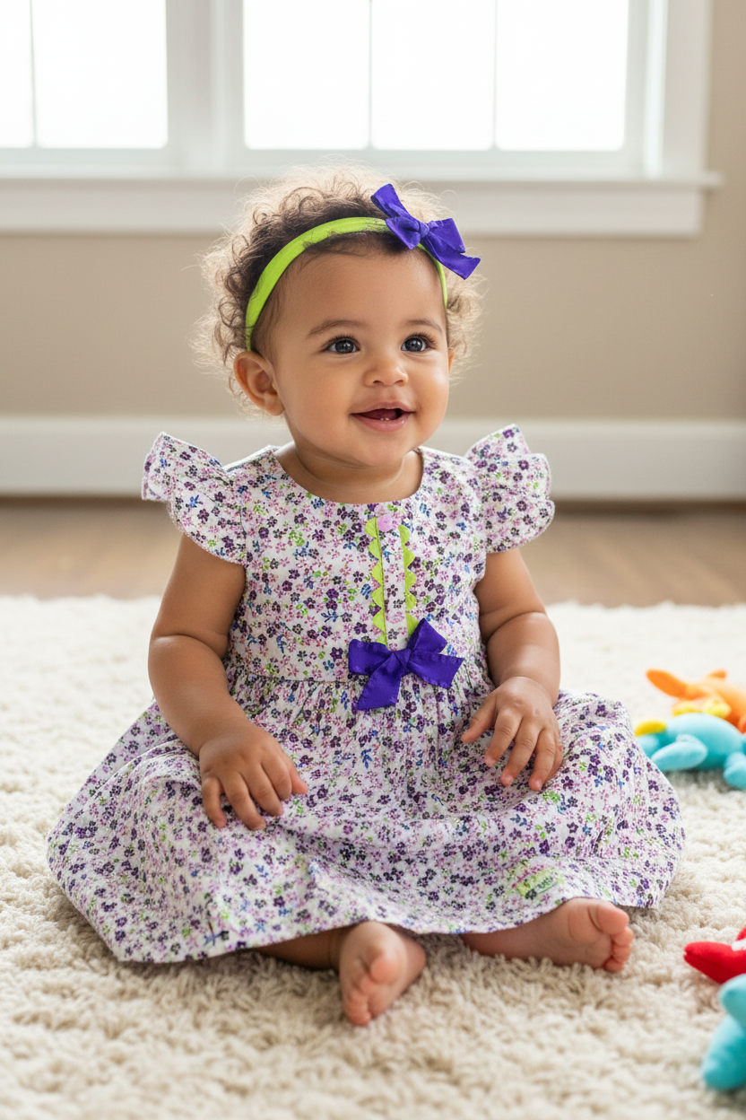 Mixed race baby girl in purple and pink dress with blue bow on thin neon green headband - cozy home setting