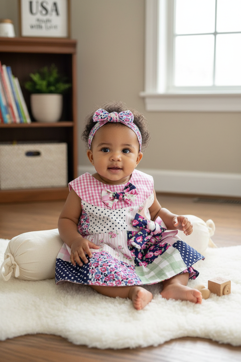 Mixed race baby in colorful patchwork dress set - cozy home setting