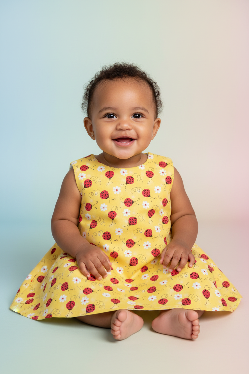 Mixed race baby in yellow ladybug A-line dress - studio setting