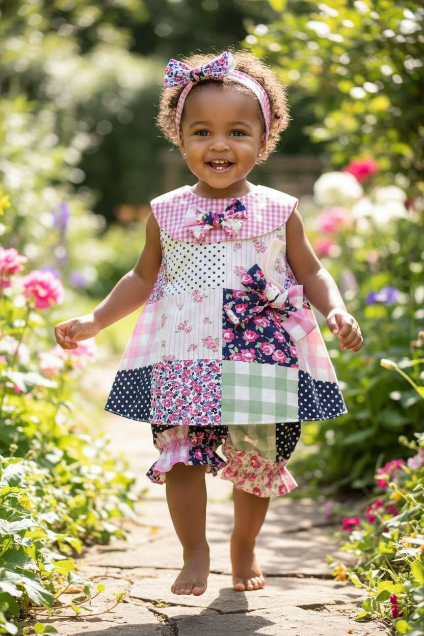 Mixed race toddler in colorful patchwork dress set - outdoor setting