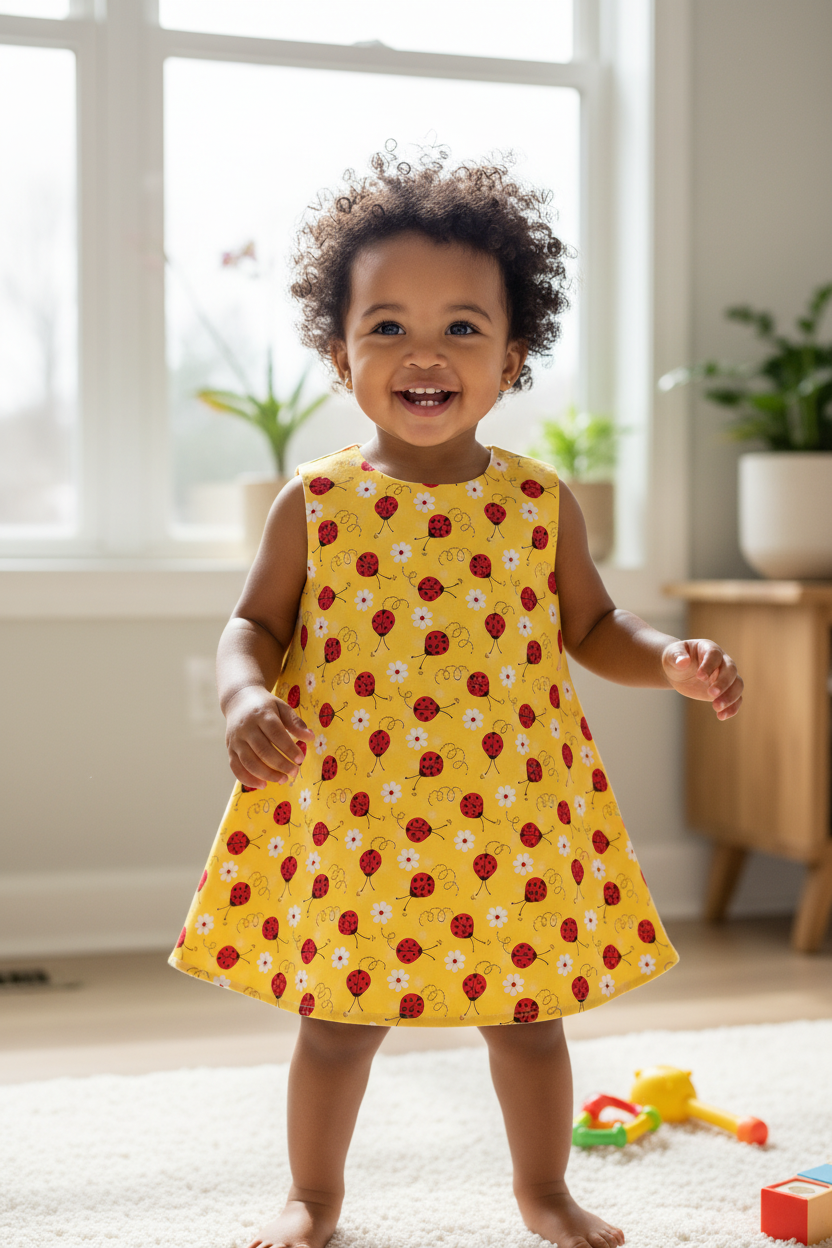 Mixed race toddler in yellow ladybug A-line dress - indoor natural light