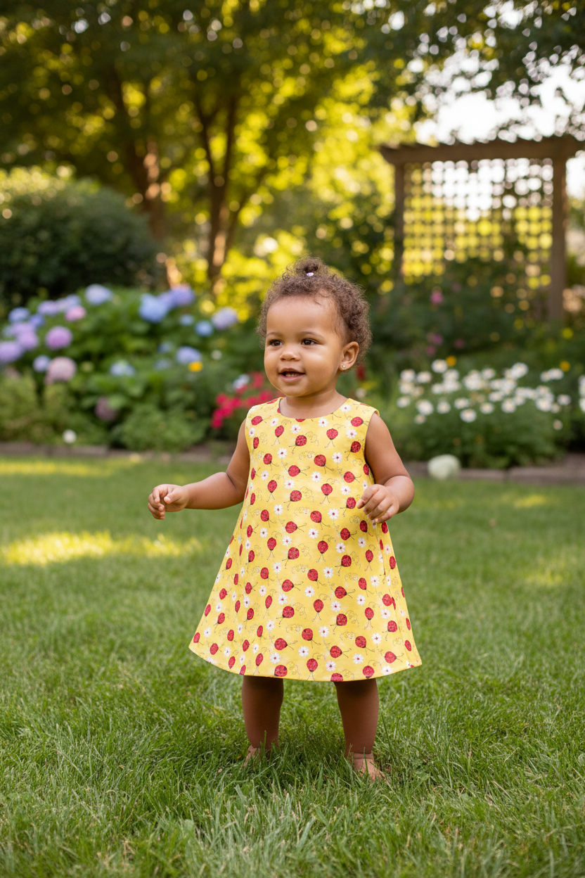 Mixed race toddler in yellow ladybug A-line dress - outdoor setting