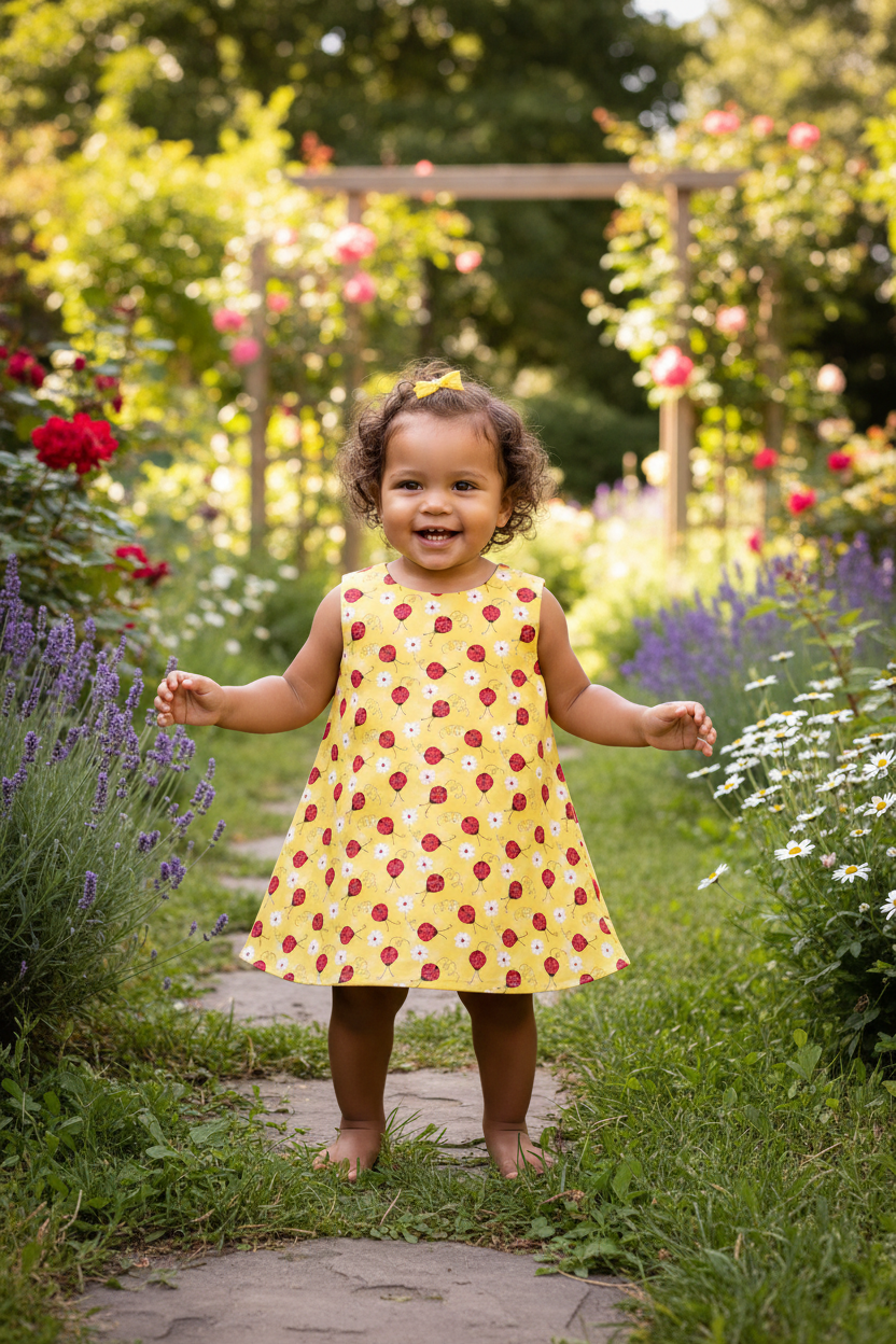 Mixed race toddler in yellow ladybug dress - outdoor setting