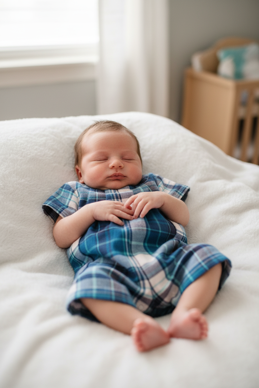 Newborn baby boy in blue plaid romper - pose 1
