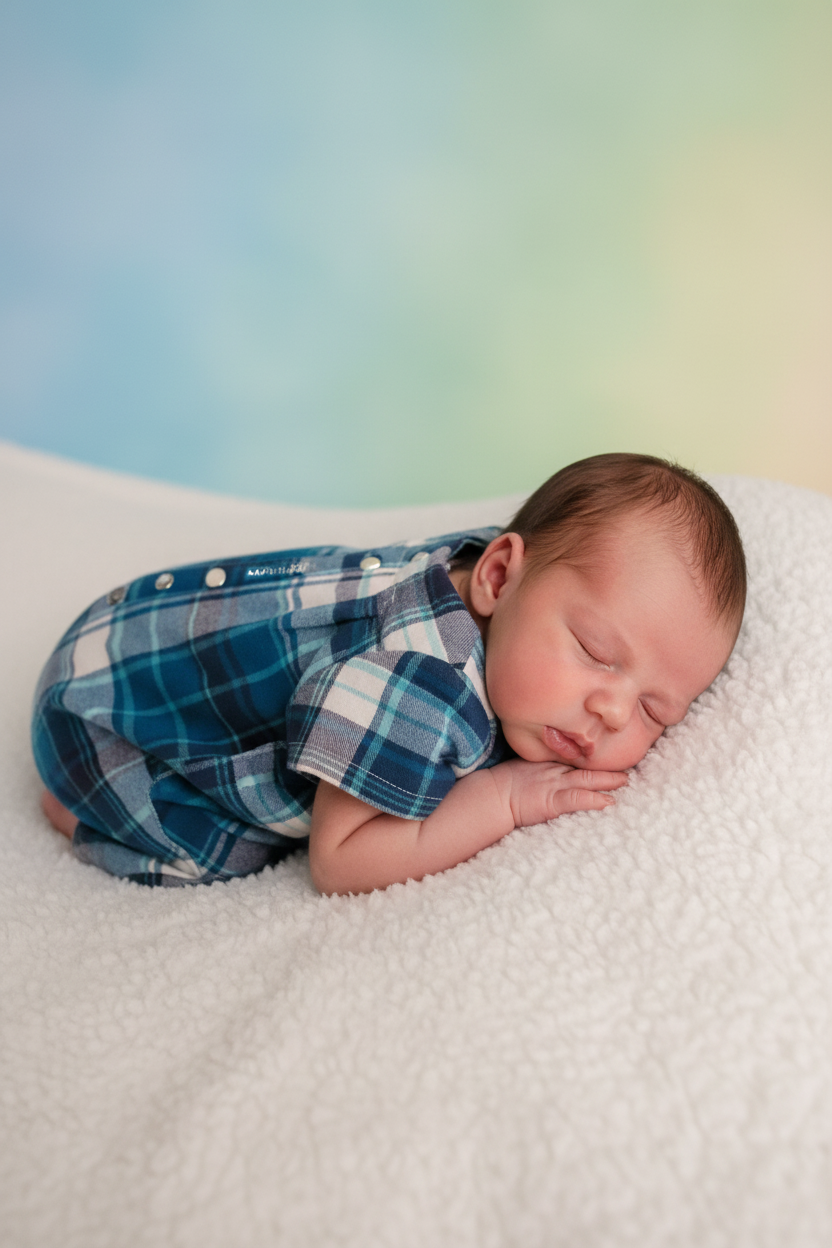 Newborn baby boy in blue plaid romper - studio setting