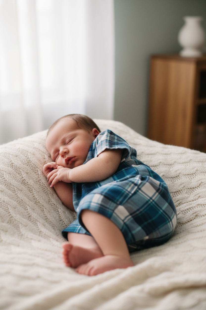 Newborn baby boy in collarless blue plaid romper - cozy home setting