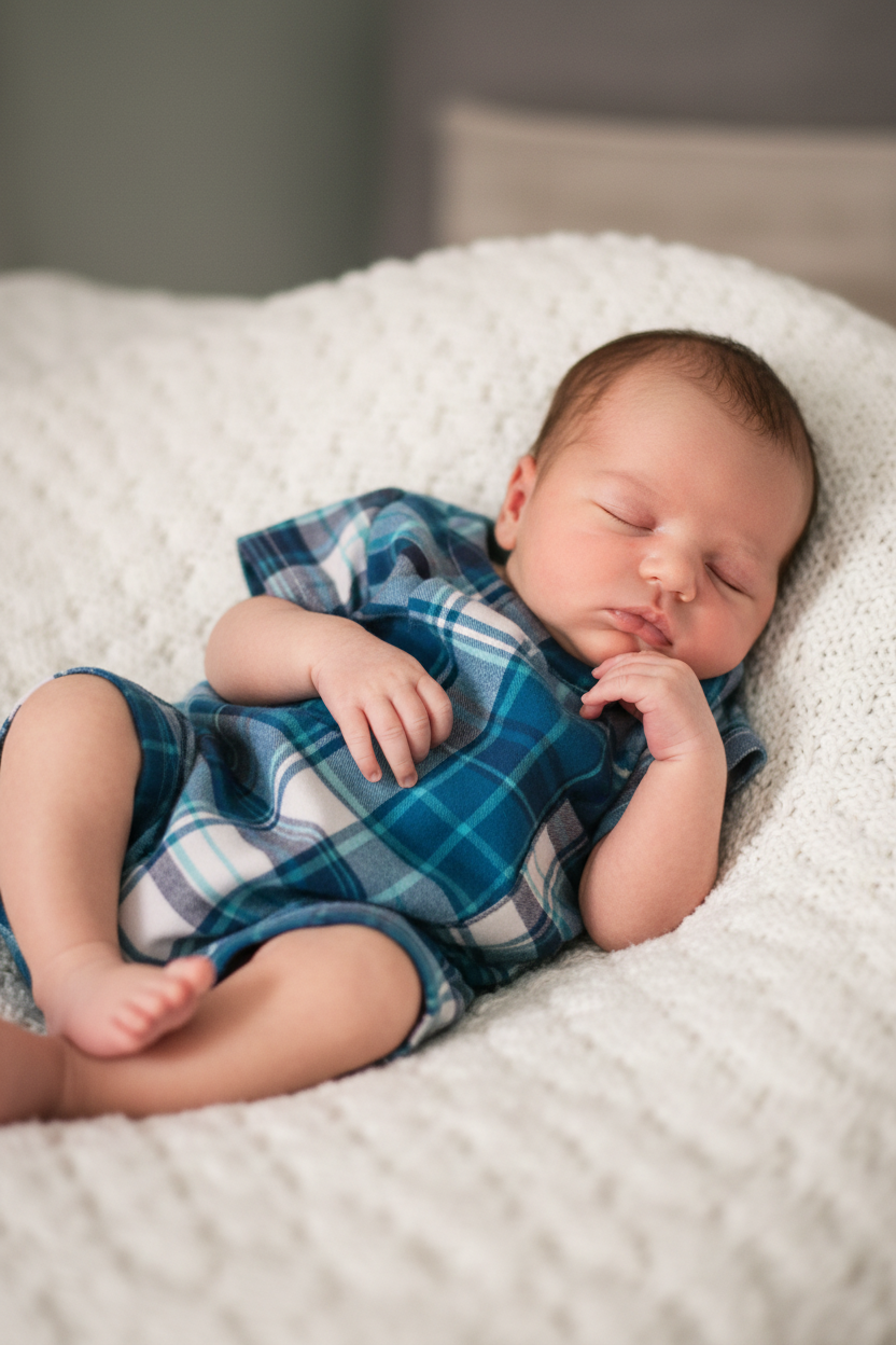 Newborn baby boy in collarless blue plaid romper - gentle lighting