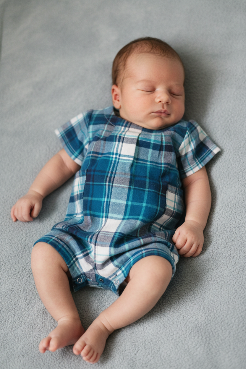 Newborn baby boy in collarless blue plaid romper - pose 1