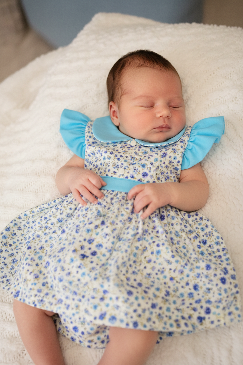 Newborn baby girl in light blue dress with collar and floral bloomers - gentle lighting