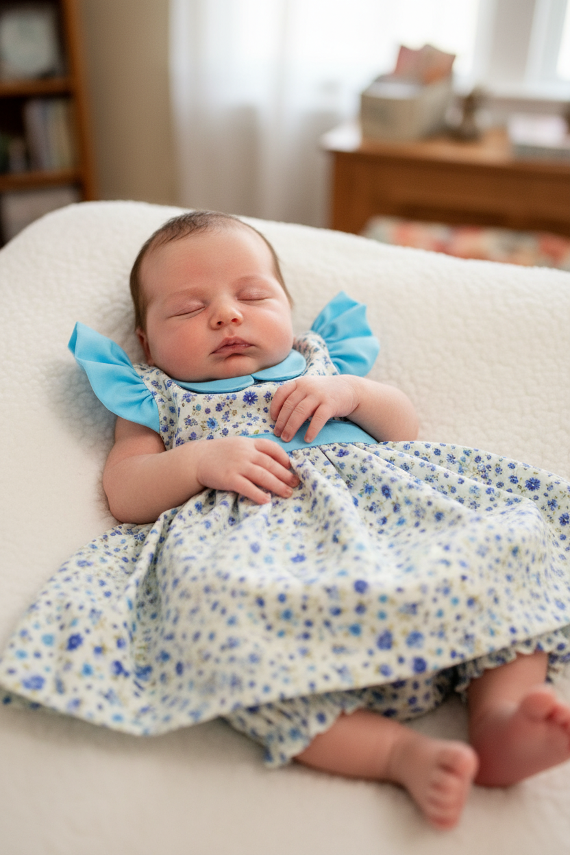 Newborn baby girl in light blue dress with floral bloomers - peaceful setting