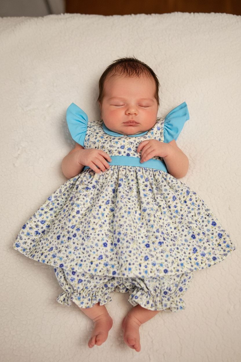 Newborn baby girl in light blue dress with floral bloomers - pose 1