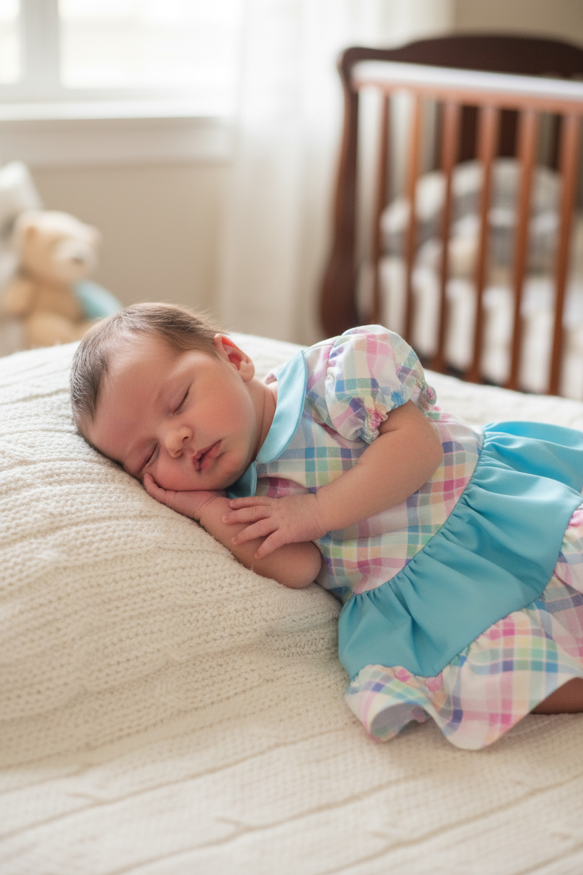Newborn baby girl in pastel check plaid dress with ruffled skirt - cozy home setting