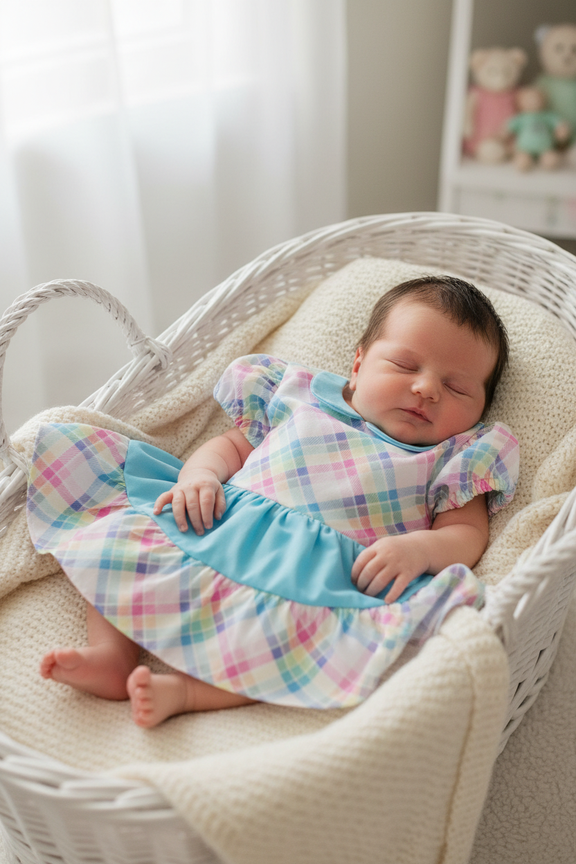 Newborn baby girl in pastel check plaid dress with ruffled skirt - pose 1