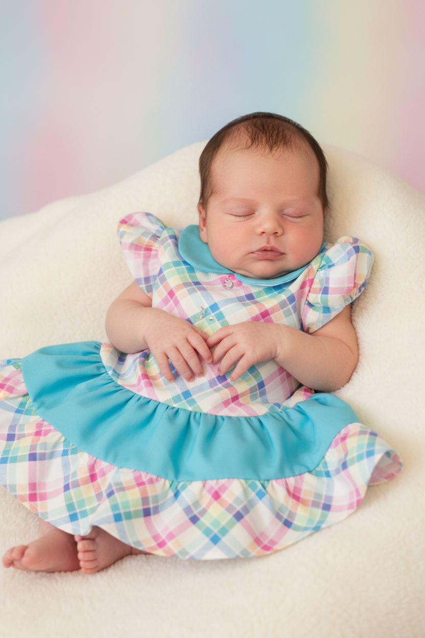 Newborn baby girl in pastel check plaid dress with ruffled skirt - studio setting