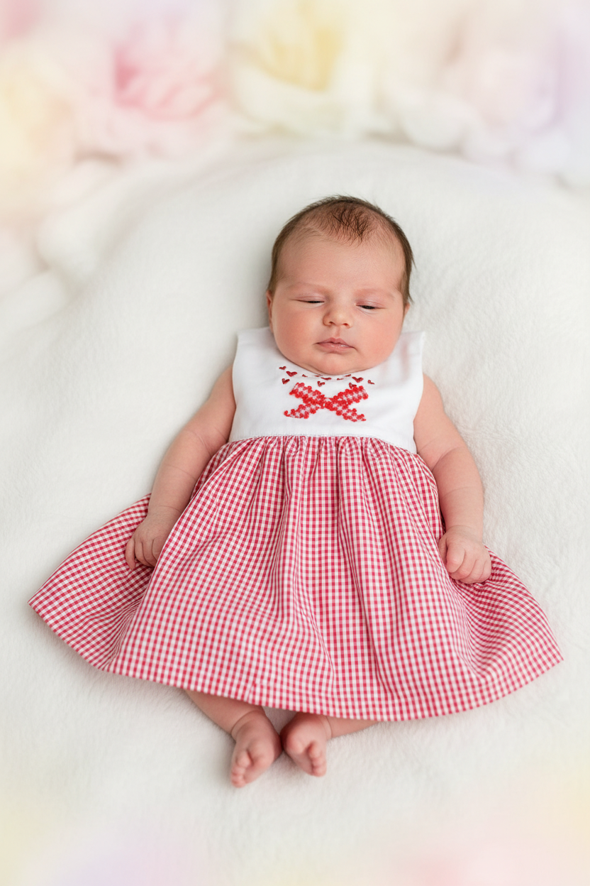Newborn baby girl in red gingham dress with heart bow and regular hem - front view