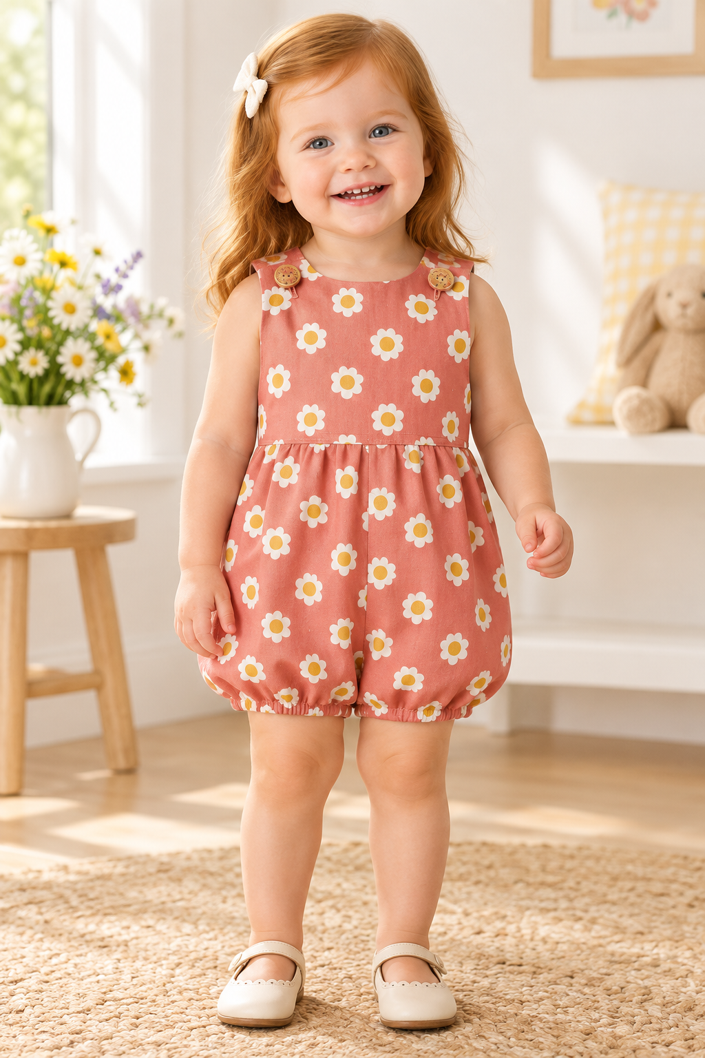 Red-haired 18-month-old girl wearing the pocket-free Sissy Missy Romper with her hand visible