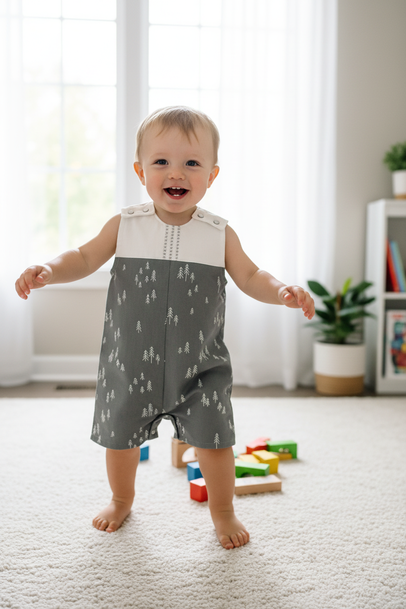 Toddler boy 18-24 months in white and gray tree pattern romper - indoor natural light